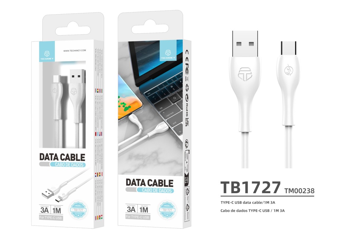 Techancy Cabo De Dados 1m Branco TB1727, Porta Usb Tipo C 3a De Carregamento Rápido, Adequado Para