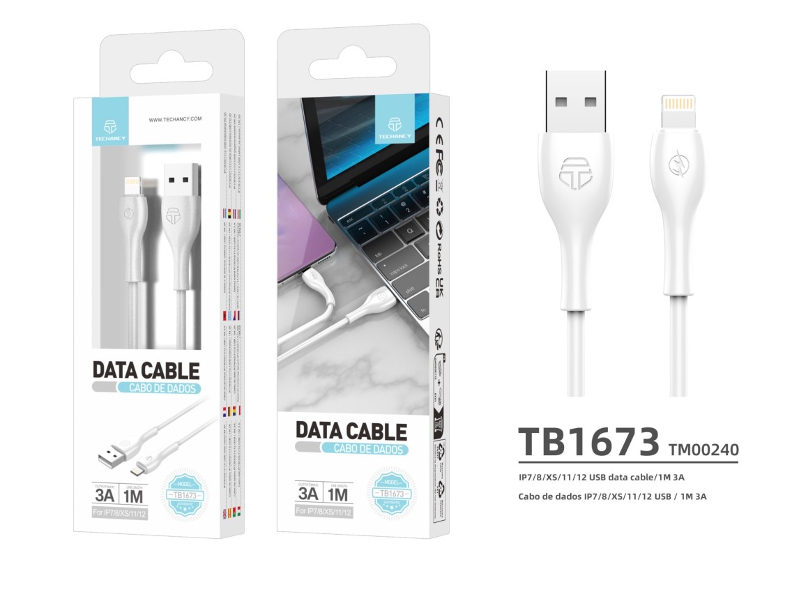 Techancy Data Cable 1m White TB1673, USB Lightning Port 3a Fast Charging, Suitable for Many Devices