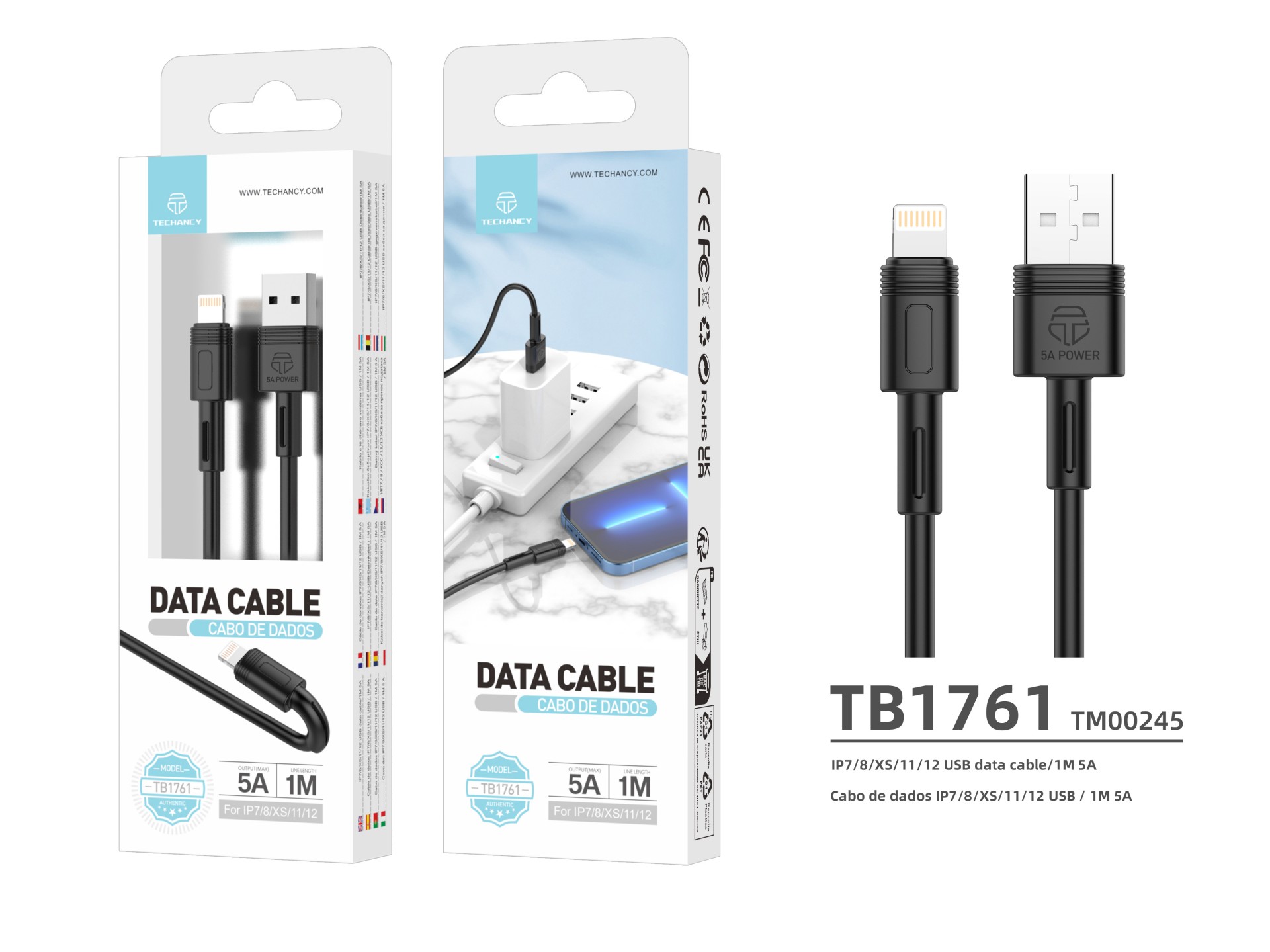 Techancy Fast Charging Data Cable 5A 1m Black TB1761, Usb-Lightning Interface, Supports Data Transfe