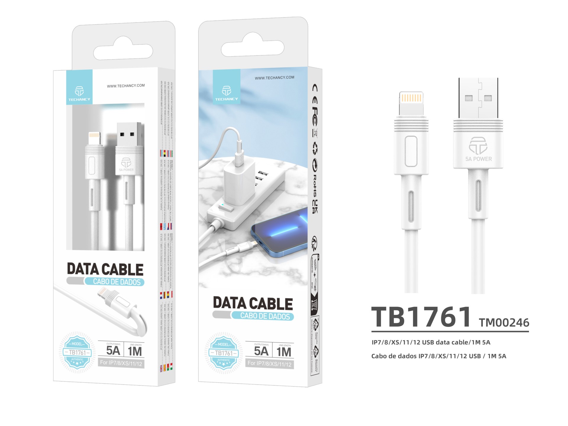 Techancy Cabo De Dados De Carregamento Rápido 5A 1m Branco TB1761, Interface Usb-Lightning, Suporta