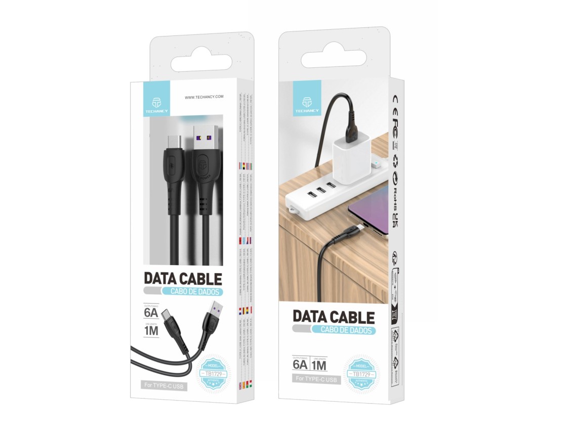 Techancy Super Fast Charging Data Cable 6A Black TB1729, USB Type-C Port, 1M Long, Fast Charging
