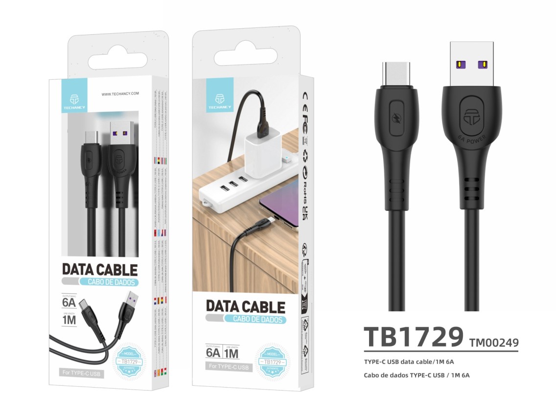 Techancy Super Fast Charging Data Cable 6A Black TB1729, USB Type-C Port, 1M Long, Fast Charging