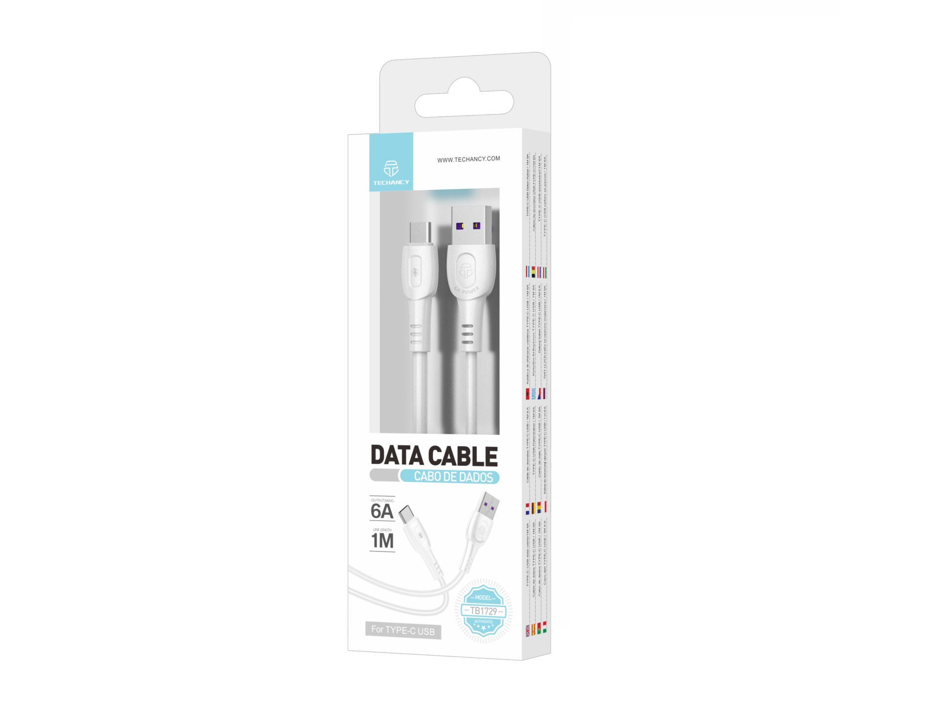 Techancy Super Fast Charging Data Cable 6A White TB1729, USB Type-C Port, 1M Length, Fast Charging
