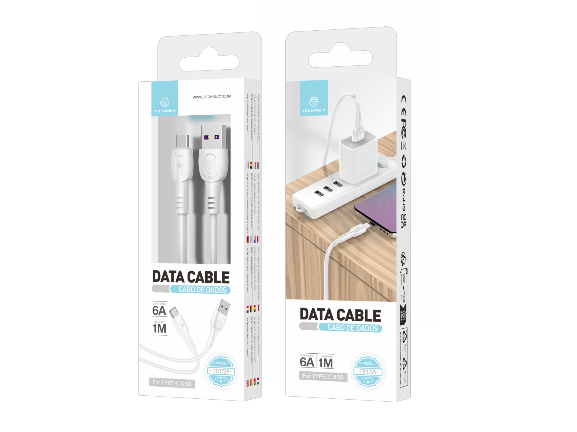Techancy Super Fast Charging Data Cable 6A White TB1729, USB Type-C Port, 1M Length, Fast Charging