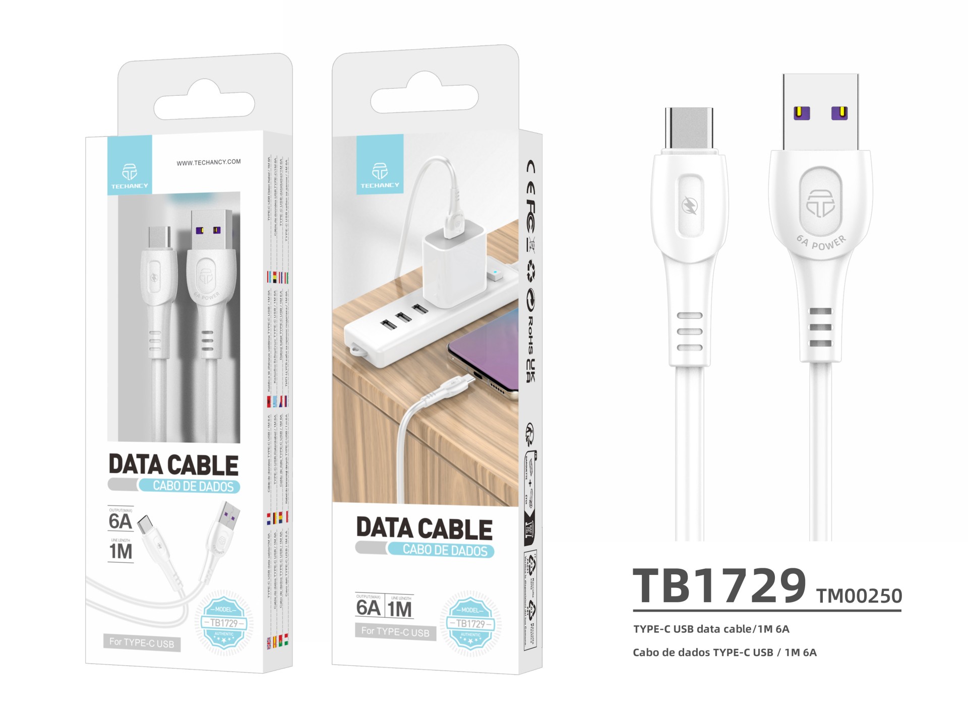 Techancy Super Fast Charging Data Cable 6A White TB1729, USB Type-C Port, 1M Length, Fast Charging