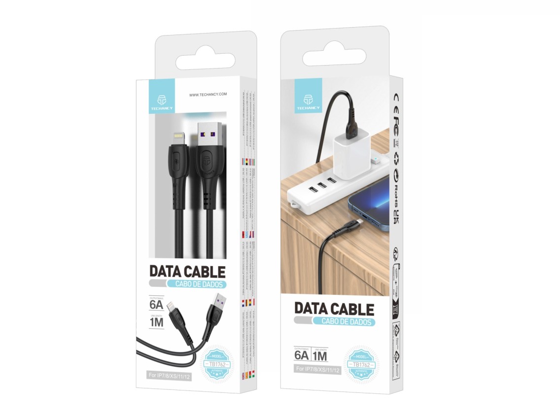 Techancy Super Fast Charging Data Cable 6A Black TB1762, USB-TIp8/X/11-14 Port, 1M Long, Fast Chargi