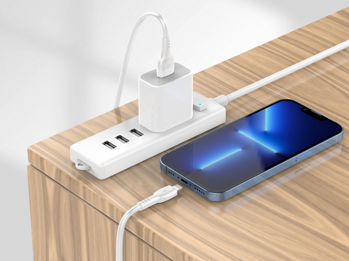 Techancy Super Fast Charging Data Cable 6A White TB1762, USB-IP8/X/11-14 Port, 1M Long, Fast Chargin