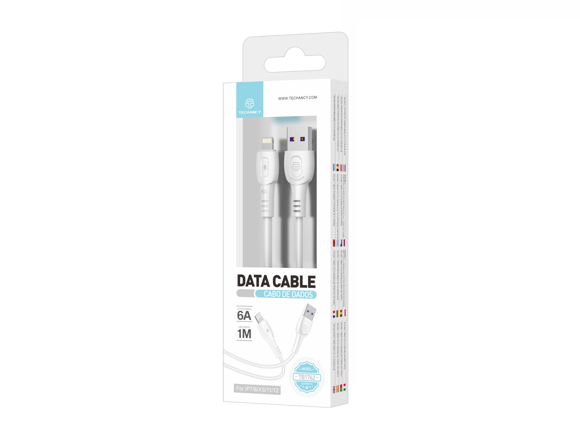 Techancy Super Fast Charging Data Cable 6A White TB1762, USB-IP8/X/11-14 Port, 1M Long, Fast Chargin