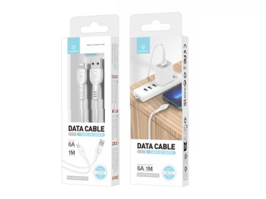 Techancy Super Fast Charging Data Cable 6A White TB1762, USB-IP8/X/11-14 Port, 1M Long, Fast Chargin
