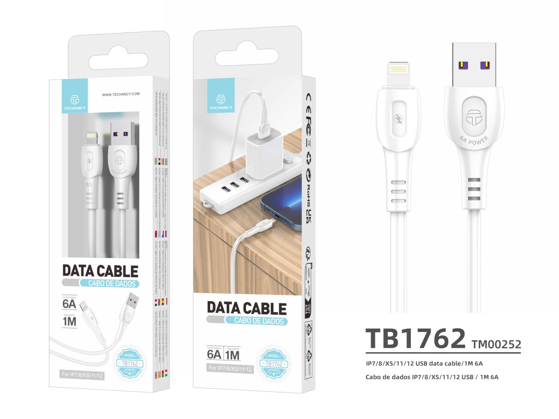 Techancy Super Fast Charging Data Cable 6A White TB1762, USB-IP8/X/11-14 Port, 1M Long, Fast Chargin
