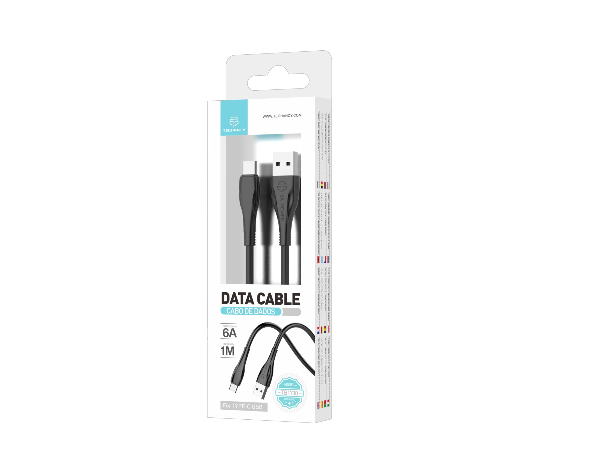 Techancy Super Fast Charging Data Cable 6A Black TB1730, USB Type-C Port, 1M Long, Fast Charging