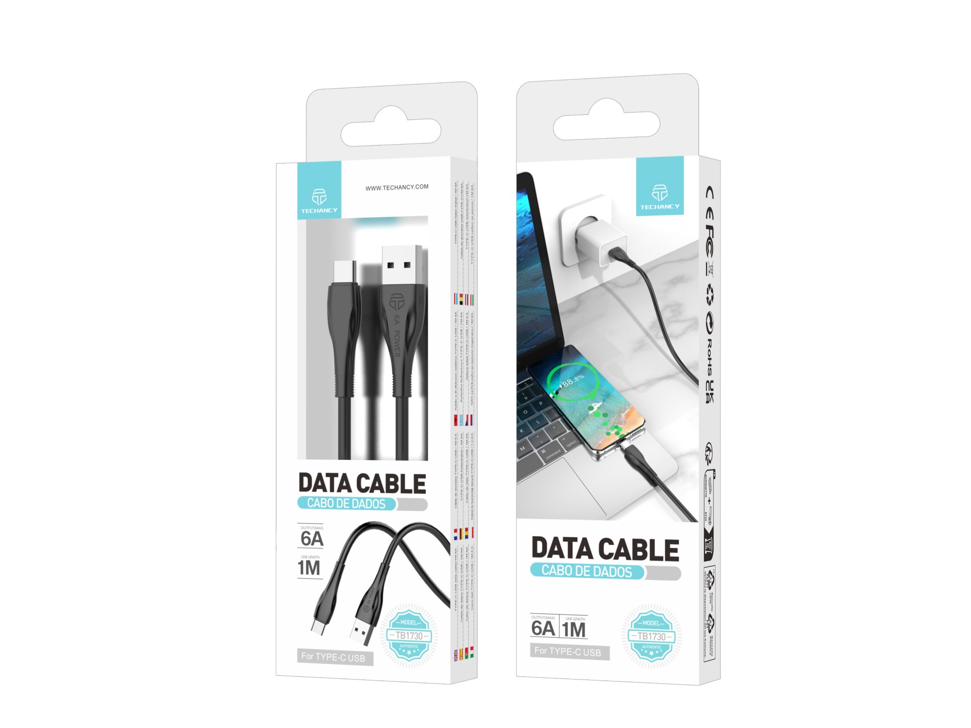Techancy Super Fast Charging Data Cable 6A Black TB1730, USB Type-C Port, 1M Long, Fast Charging