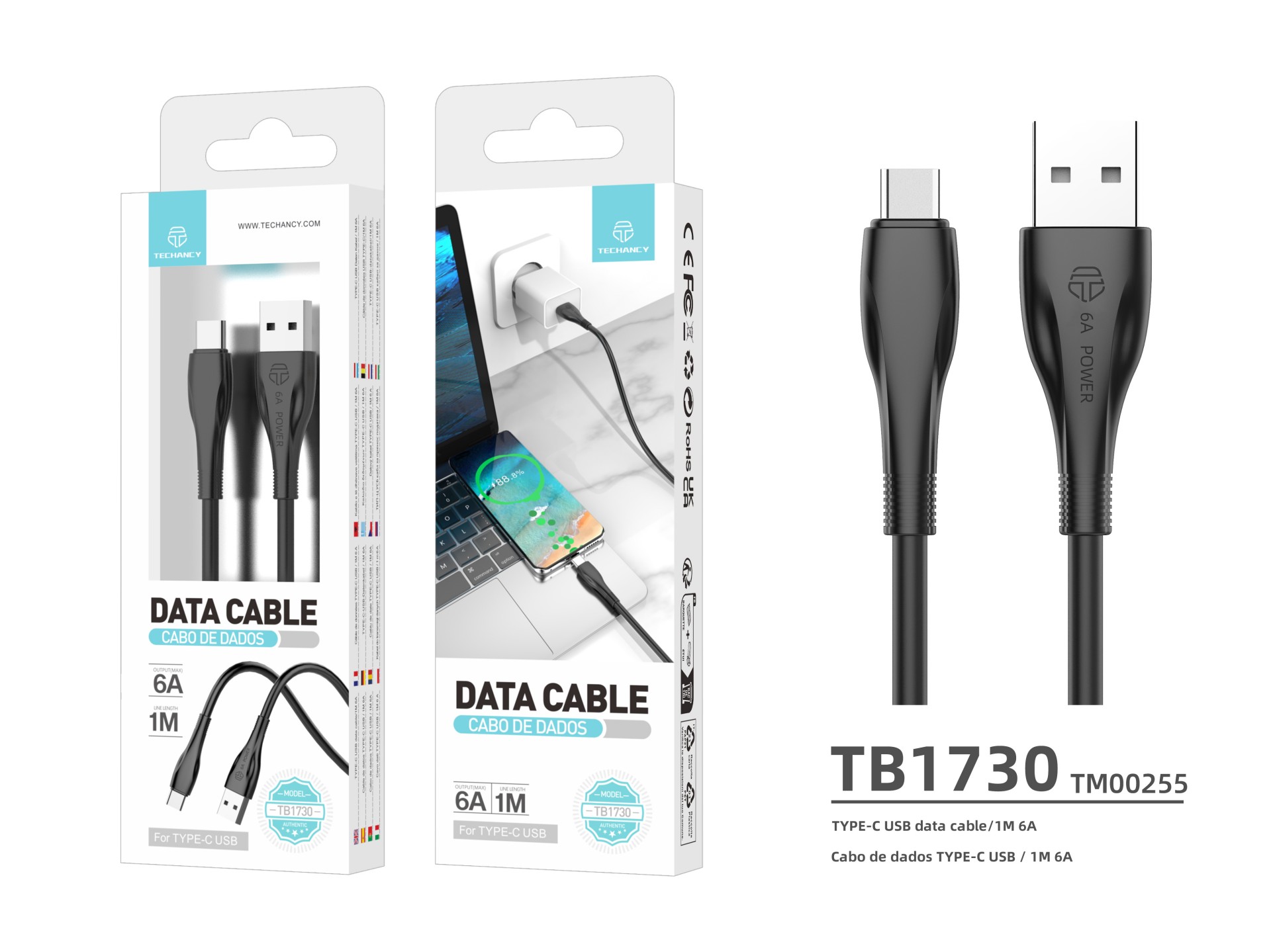 Techancy Super Fast Charging Data Cable 6A Black TB1730, USB Type-C Port, 1M Long, Fast Charging