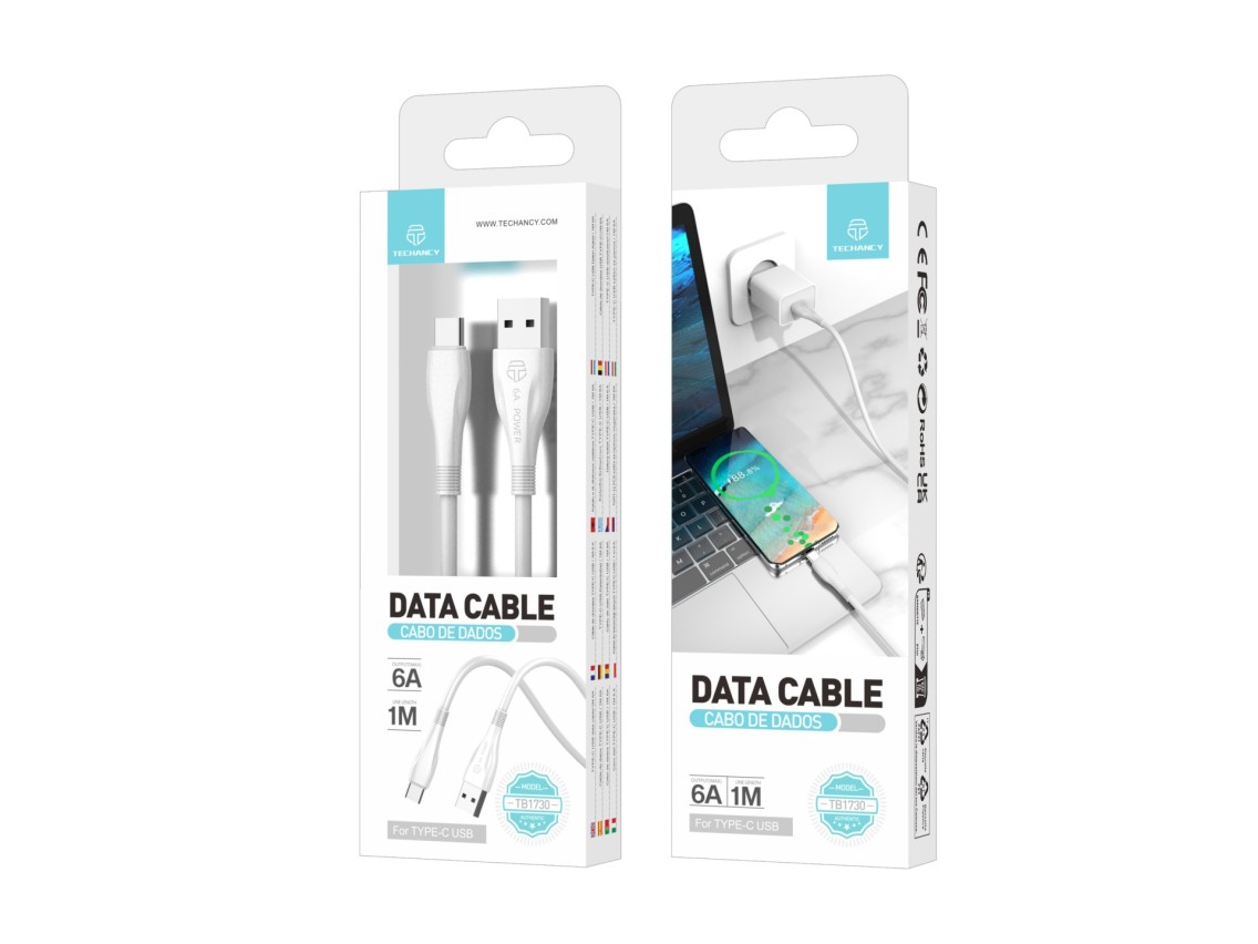 Techancy Super Fast Charging Data Cable 6A White TB1730, USB Type-C Port, 1M Long, Fast Charging