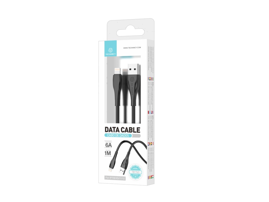 Techancy Super Fast Charging Data Cable 6A Black TB1763, USB-TIp8/X/11-14 Port, 1M Long, Fast Chargi