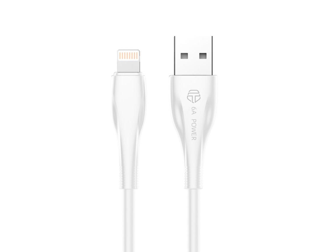 Techancy Super Fast Charging Data Cable 6A White TB1763, USB-IP8/X/11-14 Port, 1M Long, Fast Chargin