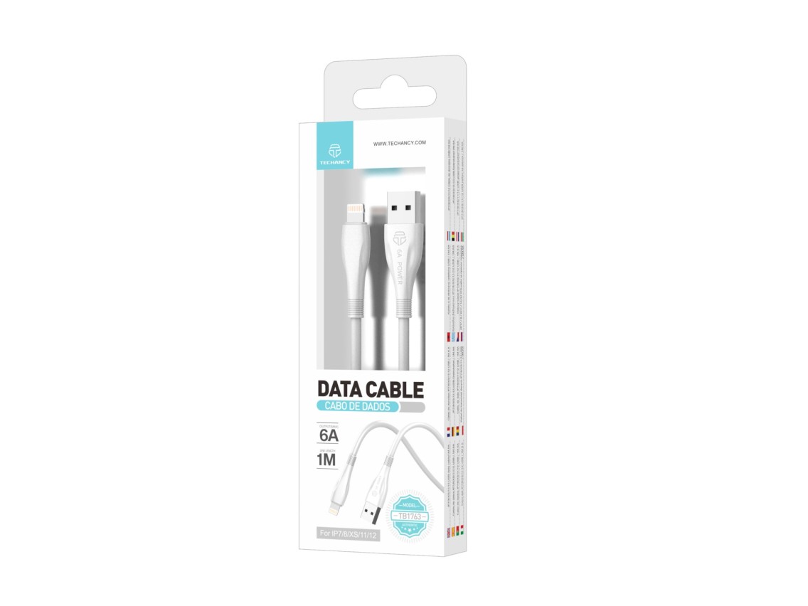 Techancy Super Fast Charging Data Cable 6A White TB1763, USB-IP8/X/11-14 Port, 1M Long, Fast Chargin