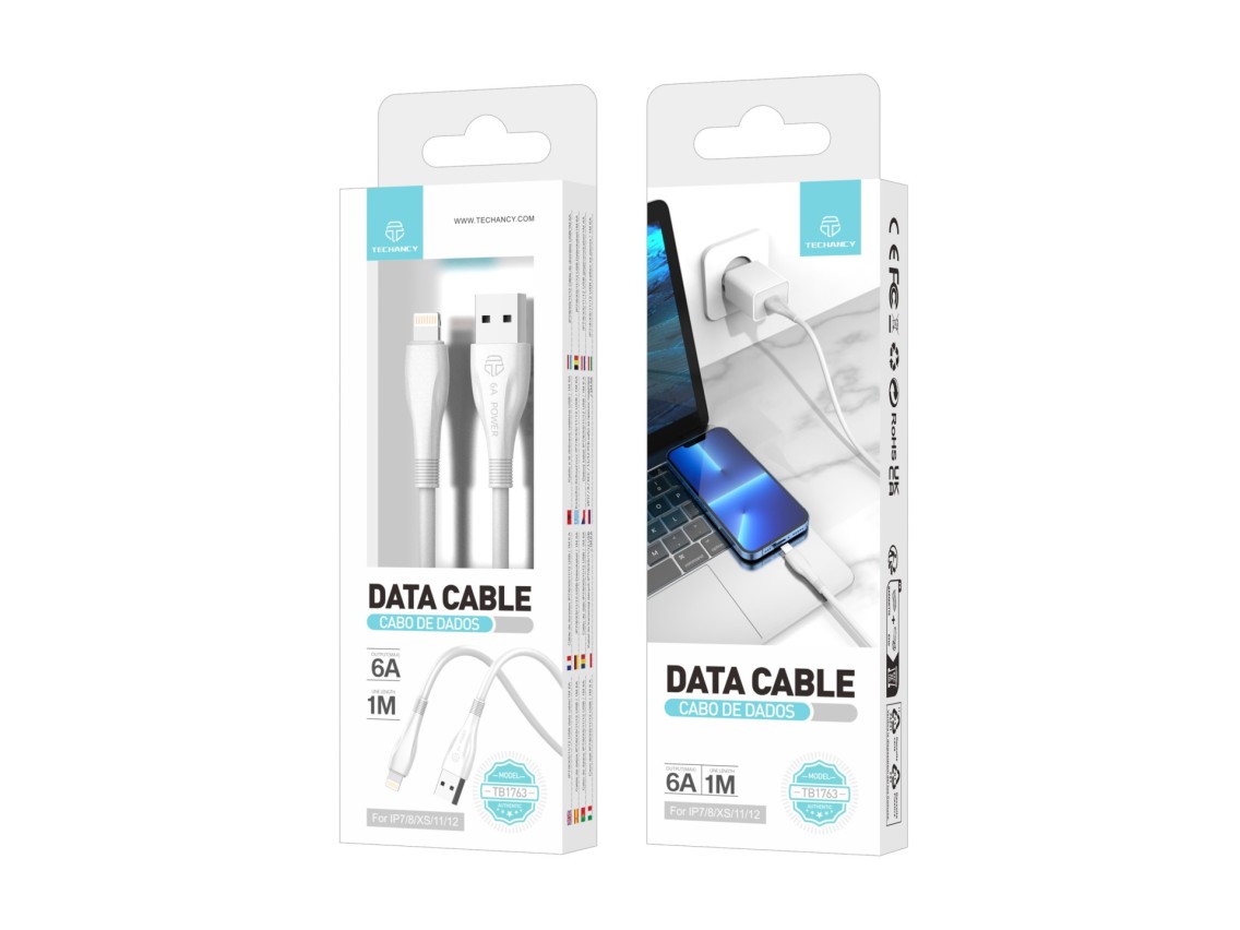 Techancy Super Fast Charging Data Cable 6A White TB1763, USB-IP8/X/11-14 Port, 1M Long, Fast Chargin