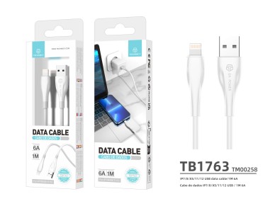 Techancy Super Fast Charging Data Cable 6A White TB1763, USB-IP8/X/11-14 Port, 1M Long, Fast Chargin