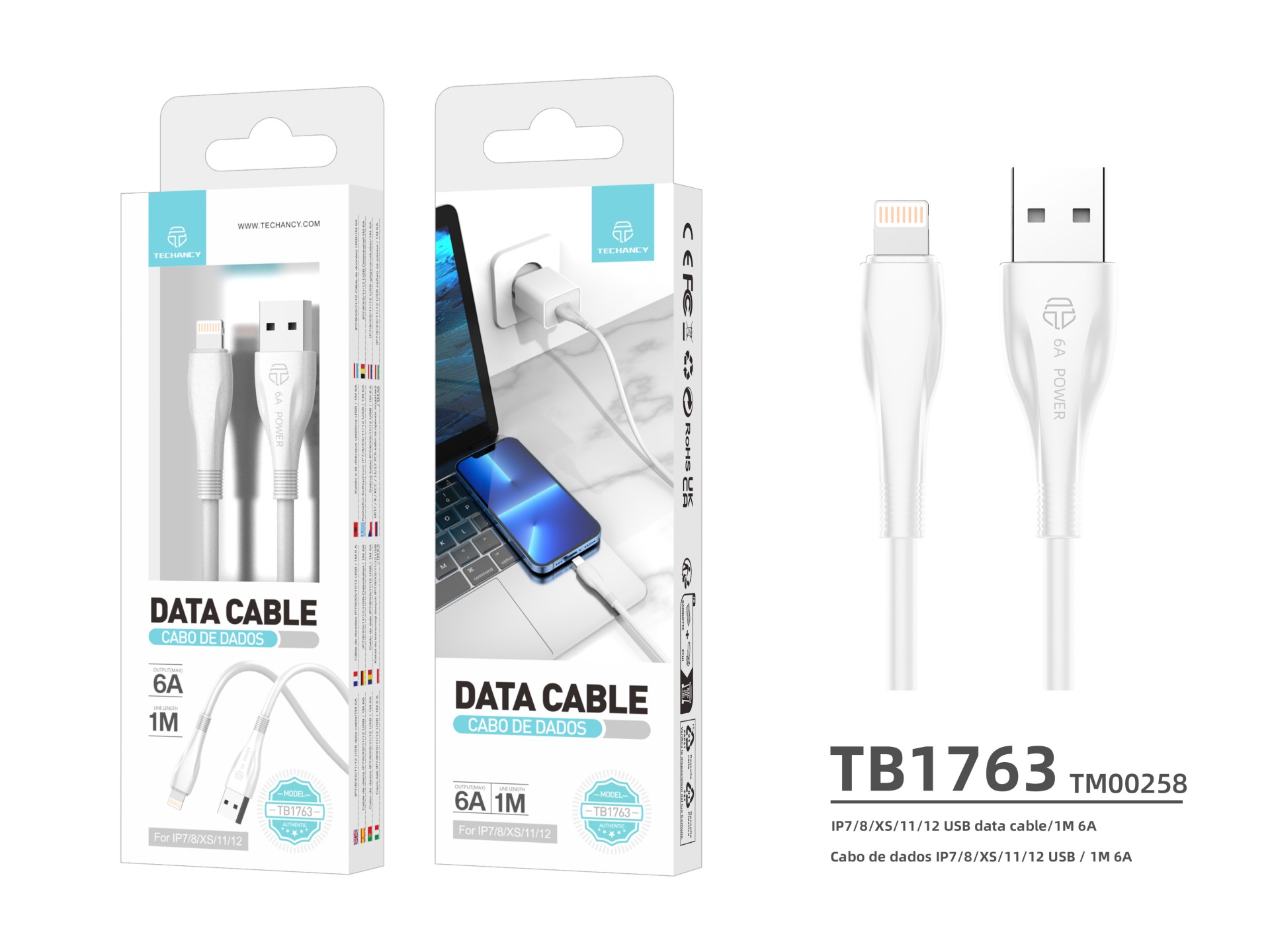 Techancy Super Fast Charging Data Cable 6A White TB1763, USB-IP8/X/11-14 Port, 1M Long, Fast Chargin