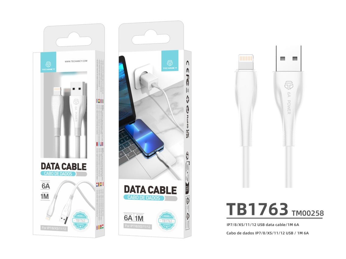Techancy Super Fast Charging Data Cable 6A White TB1763, USB-IP8/X/11-14 Port, 1M Long, Fast Chargin