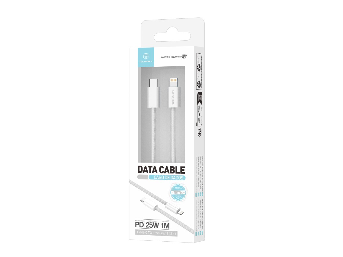 Techancy PD Data Cable TB1764, 25W, 1m White, USB-C to Lightning, Compatible with iPhone 8/XS/11-14,