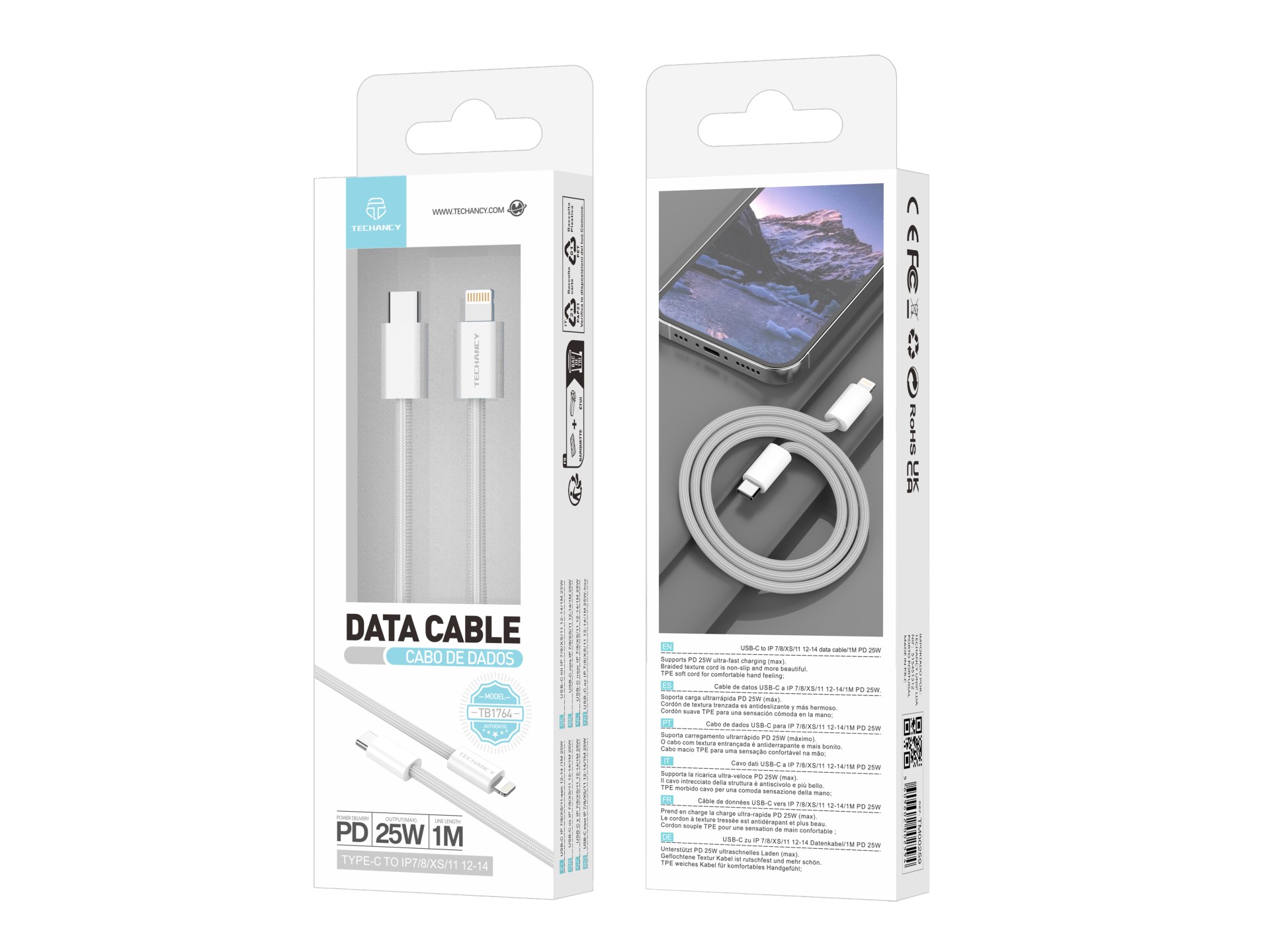 Cable de datos PD Techancy TB1764, 25 W, 1 m, blanco, USB-C a Lightning, compatible con iPhone 8/XS/
