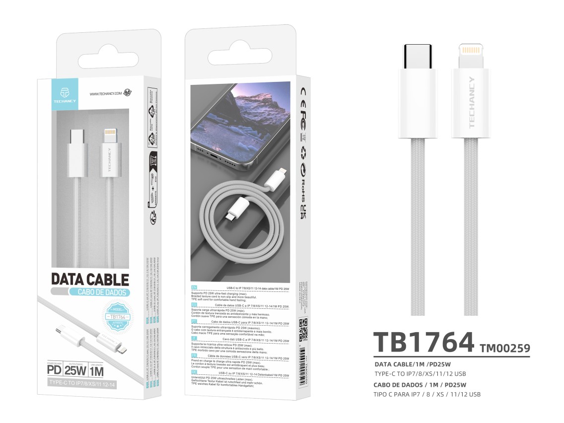 Techancy PD Data Cable TB1764, 25W, 1m White, USB-C to Lightning, Compatible with iPhone 8/XS/11-14,