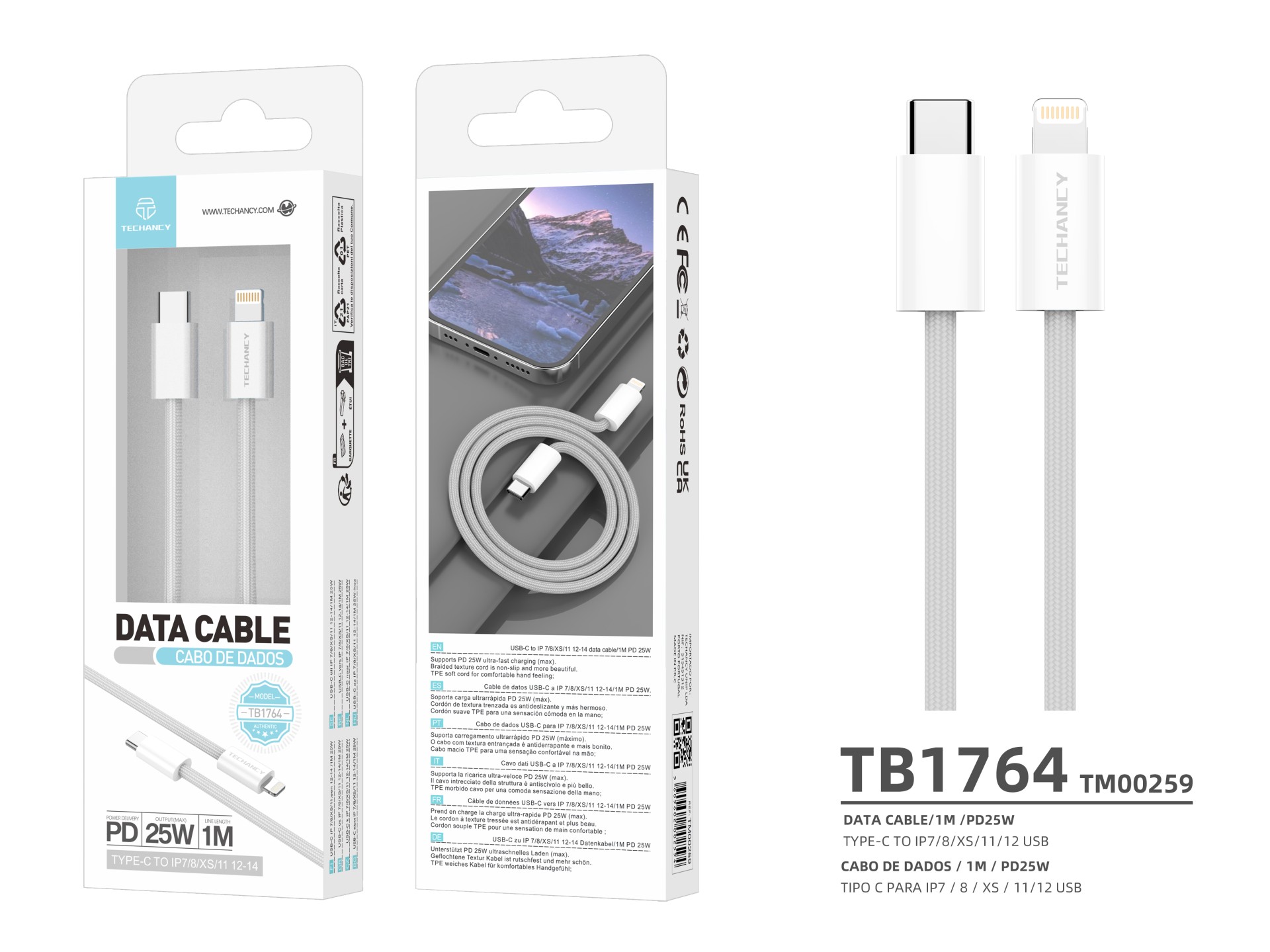 Cable de datos PD Techancy TB1764, 25 W, 1 m, blanco, USB-C a Lightning, compatible con iPhone 8/XS/