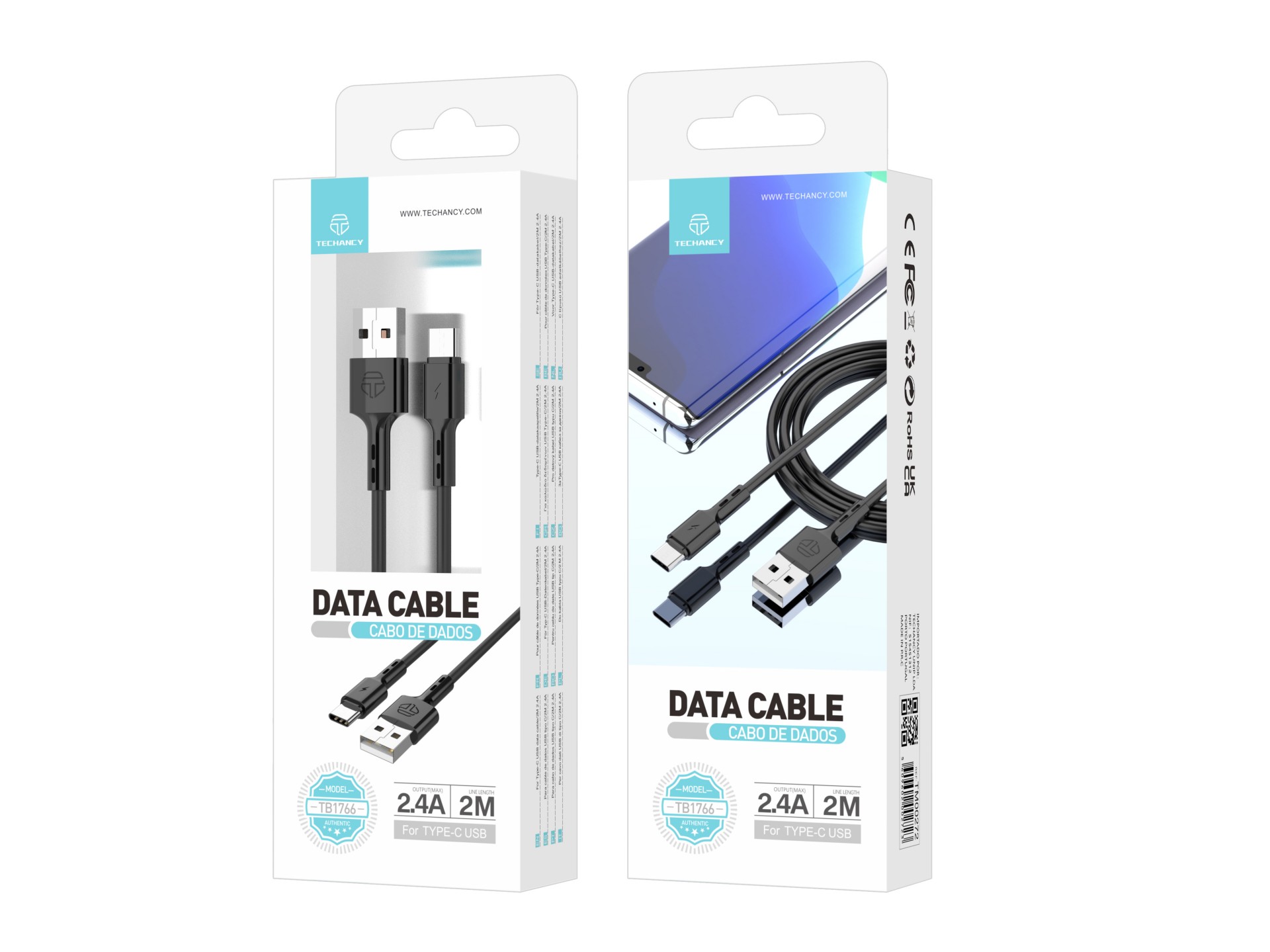 Techancy Data Cable Techancy 2m TB1766, Type C 2.4a Charging Long Distance Use More Convenient.
