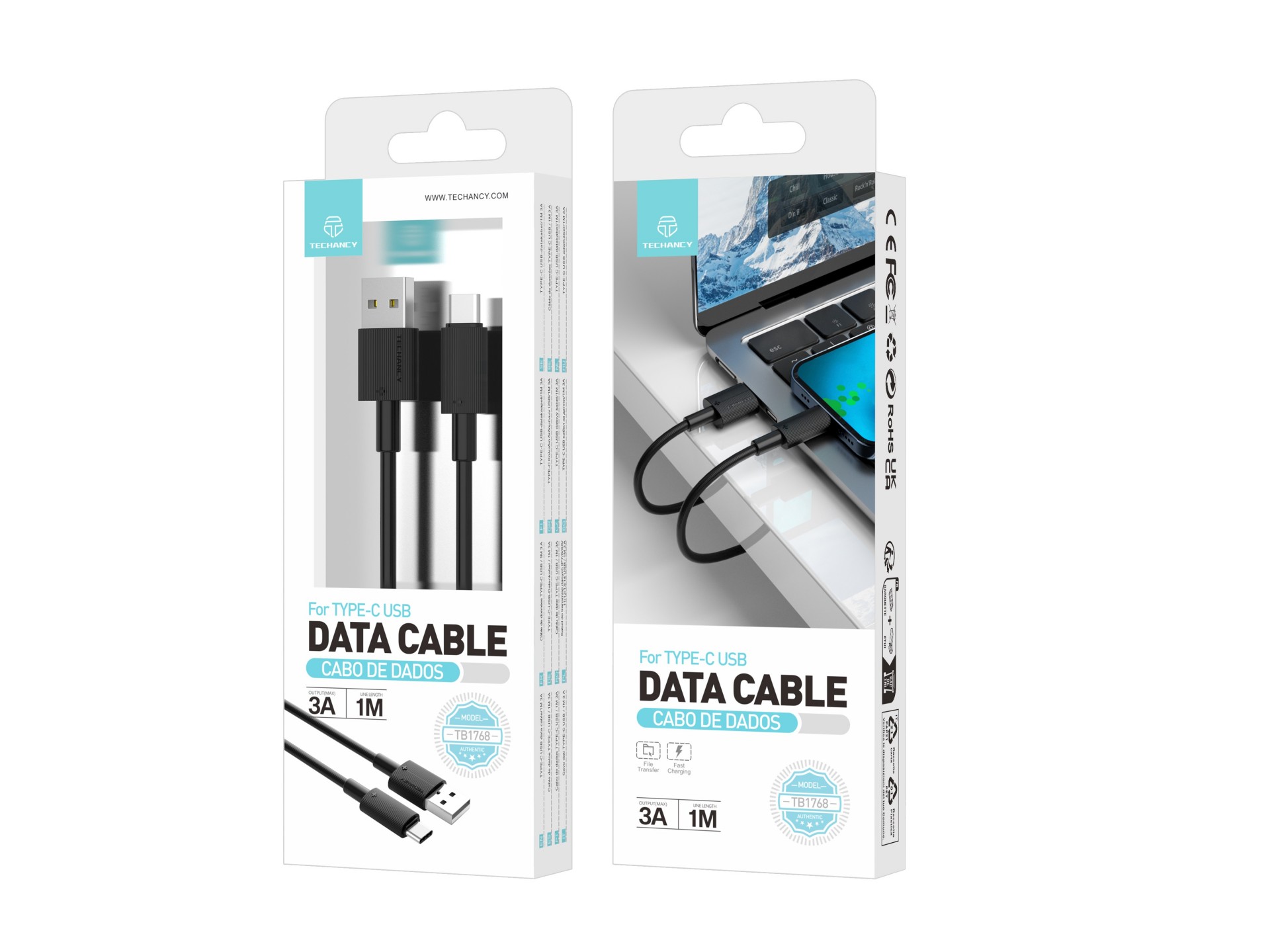 Cable de datos USB tipo C Techancy negro TB1768, longitud 1 m, admite corriente de 3 A y transferenc