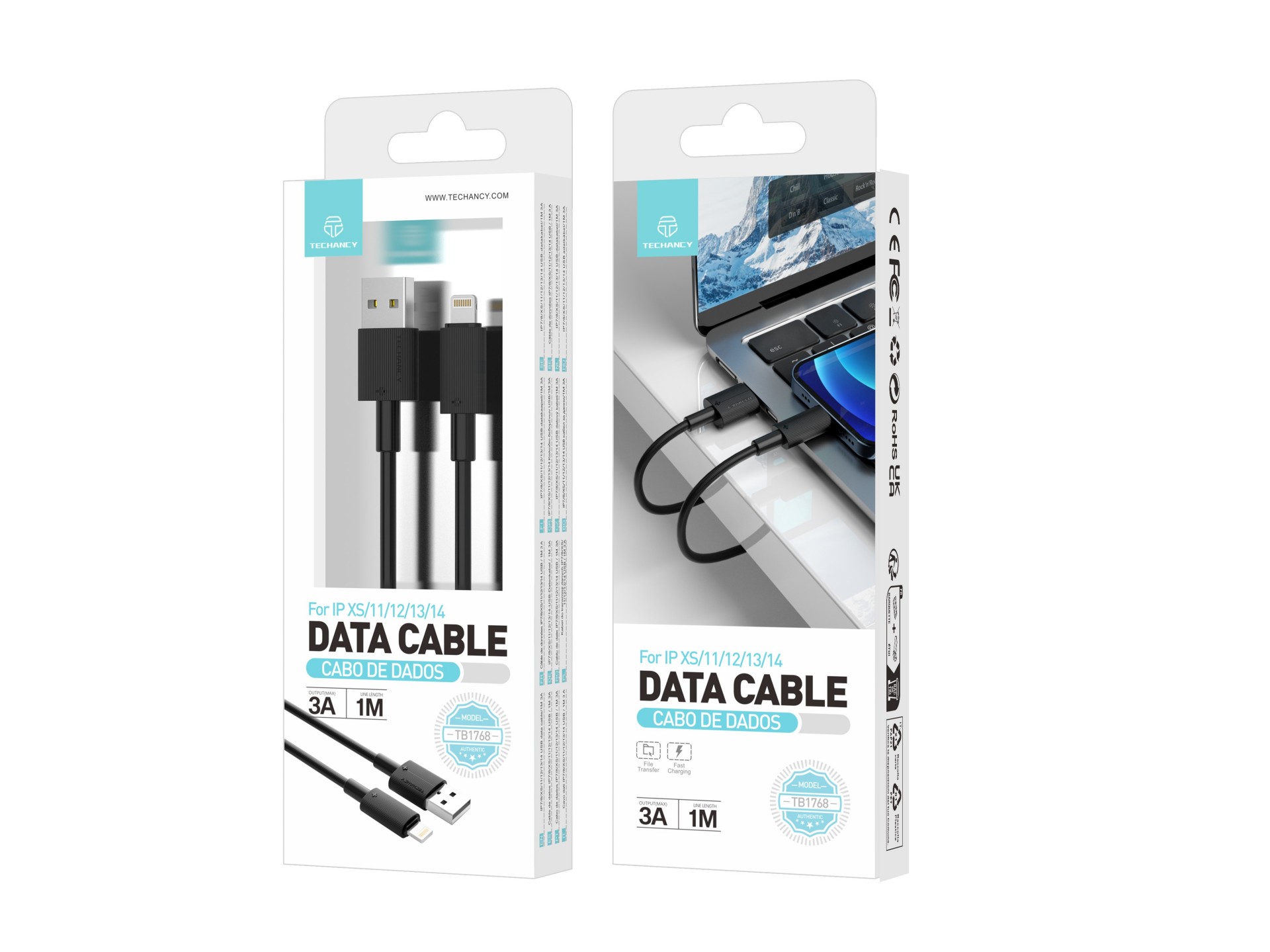 Techancy USB-Lightning Data Cable Black TB1768, Length 1m Supports 3A Current and 480mbps Data Trans