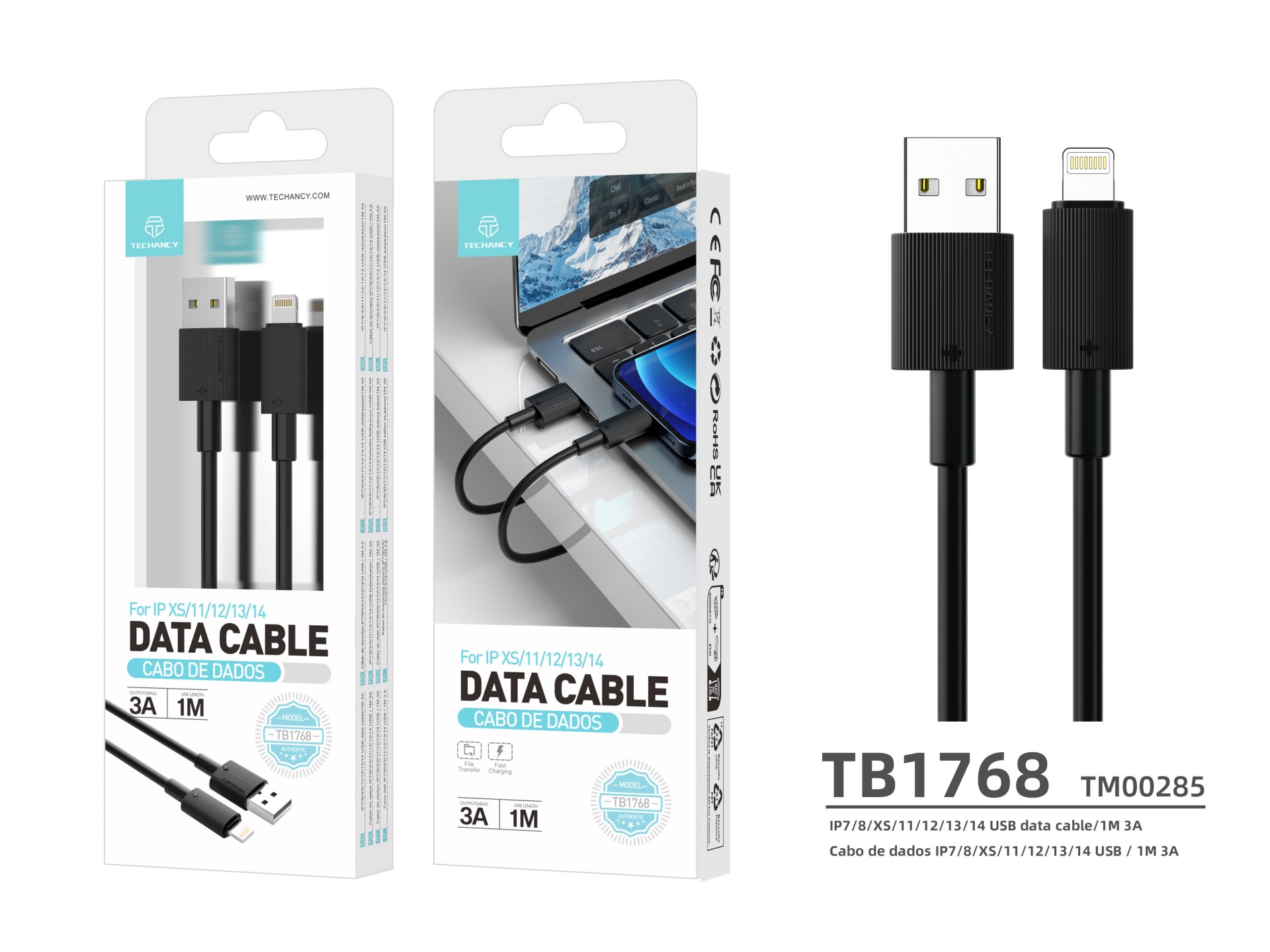 Techancy USB-Lightning Data Cable Black TB1768, Length 1m Supports 3A Current and 480mbps Data Trans