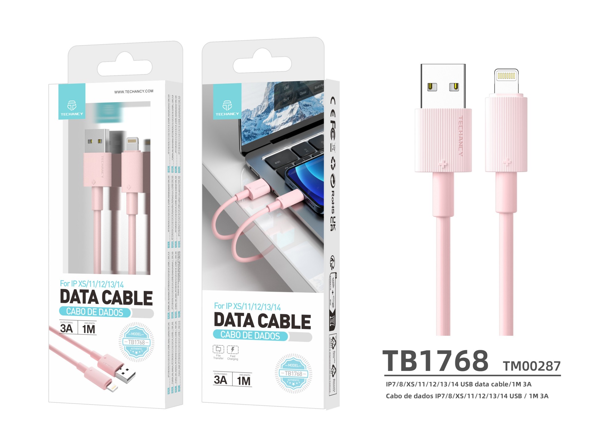 Cable de datos USB-Lightning Techancy rosa TB1768, longitud 1 m, admite corriente de 3 A y transfere