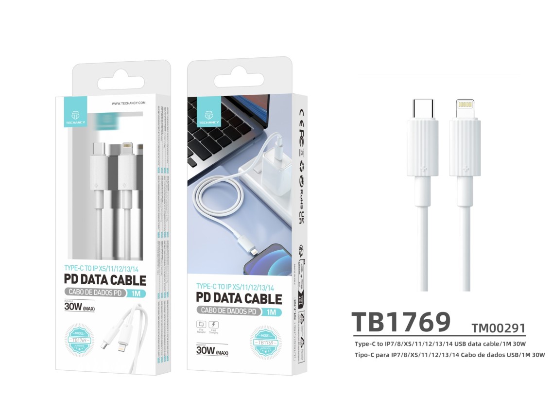 Techancy Cabo Pd De Carregamento Rápido 1m Branco TB1769,Tipo-C Para Ip, Carregamento Rápido De 30w
