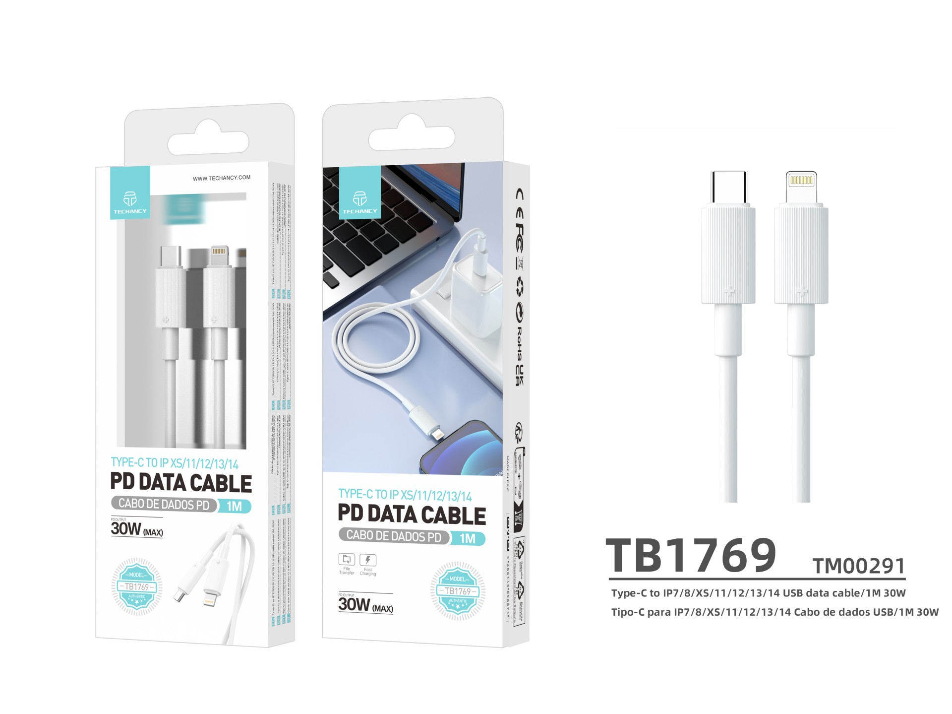 Techancy Cabo Pd De Carregamento Rápido 1m Branco TB1769,Tipo-C Para Ip, Carregamento Rápido De 30w