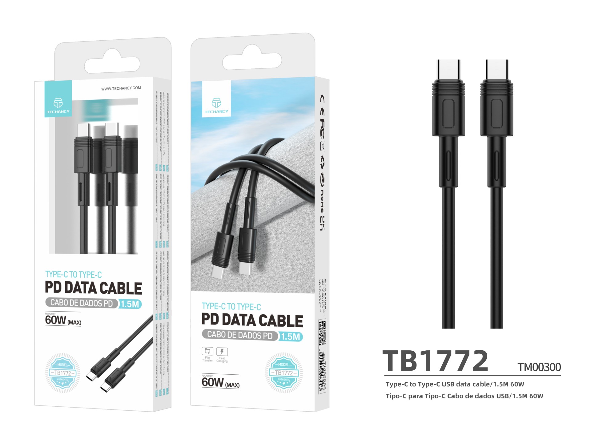Techancy Cabo Pd De Carregamento Rápido Preto 1,5 M TB1772, Usb C Para Porta Usb C 60w/20v-3a Carreg