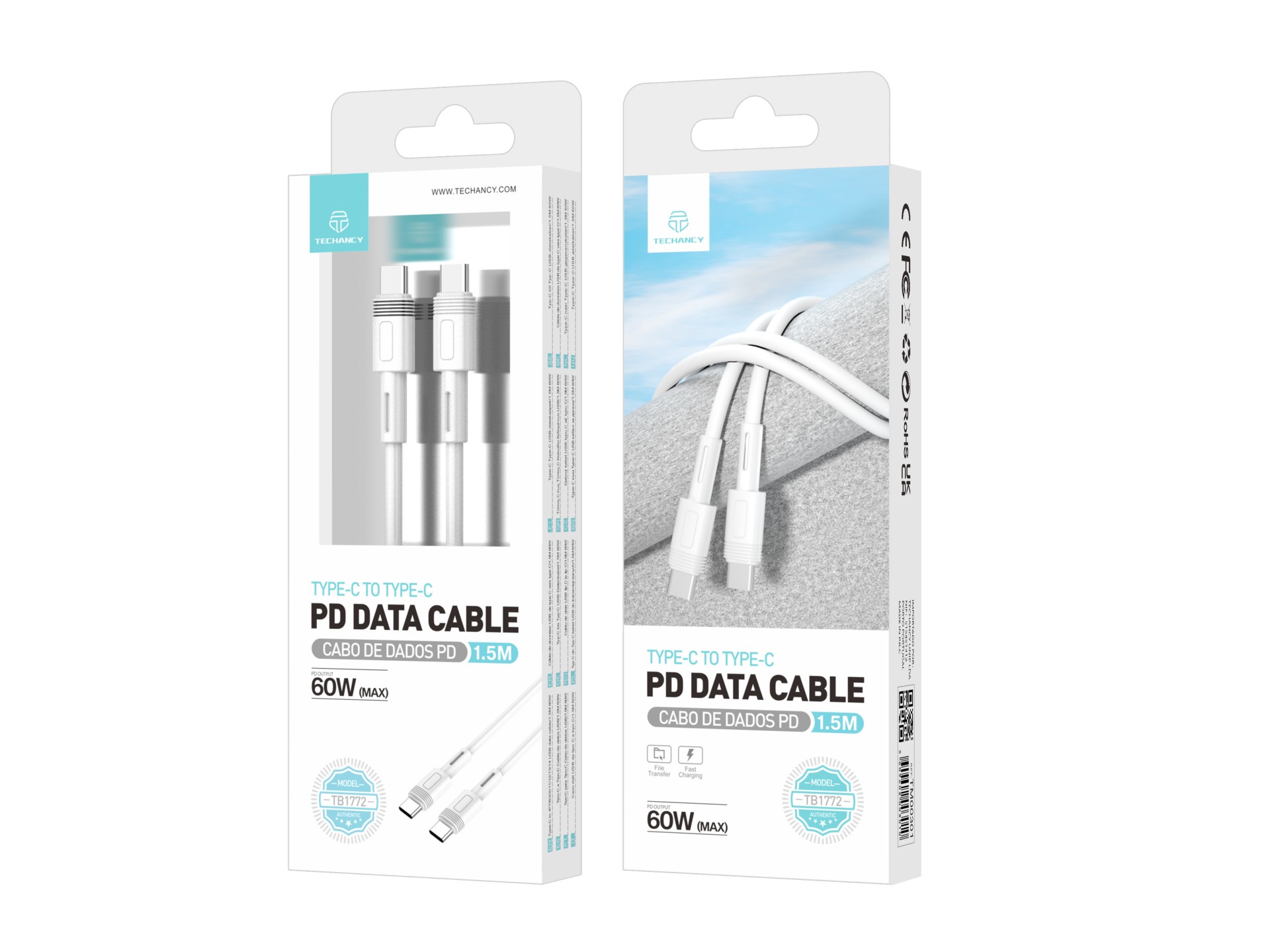 Techancy 1.5m White Fast Charging PD Cable TB1772, USB C to USB C Port 60W/20V-3A