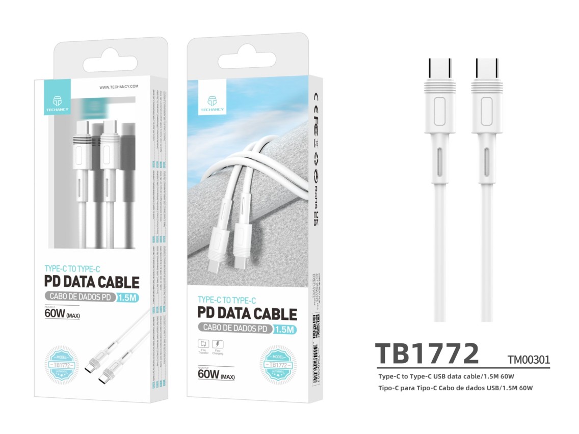Techancy 1.5m White Fast Charging PD Cable TB1772, USB C to USB C Port 60W/20V-3A
