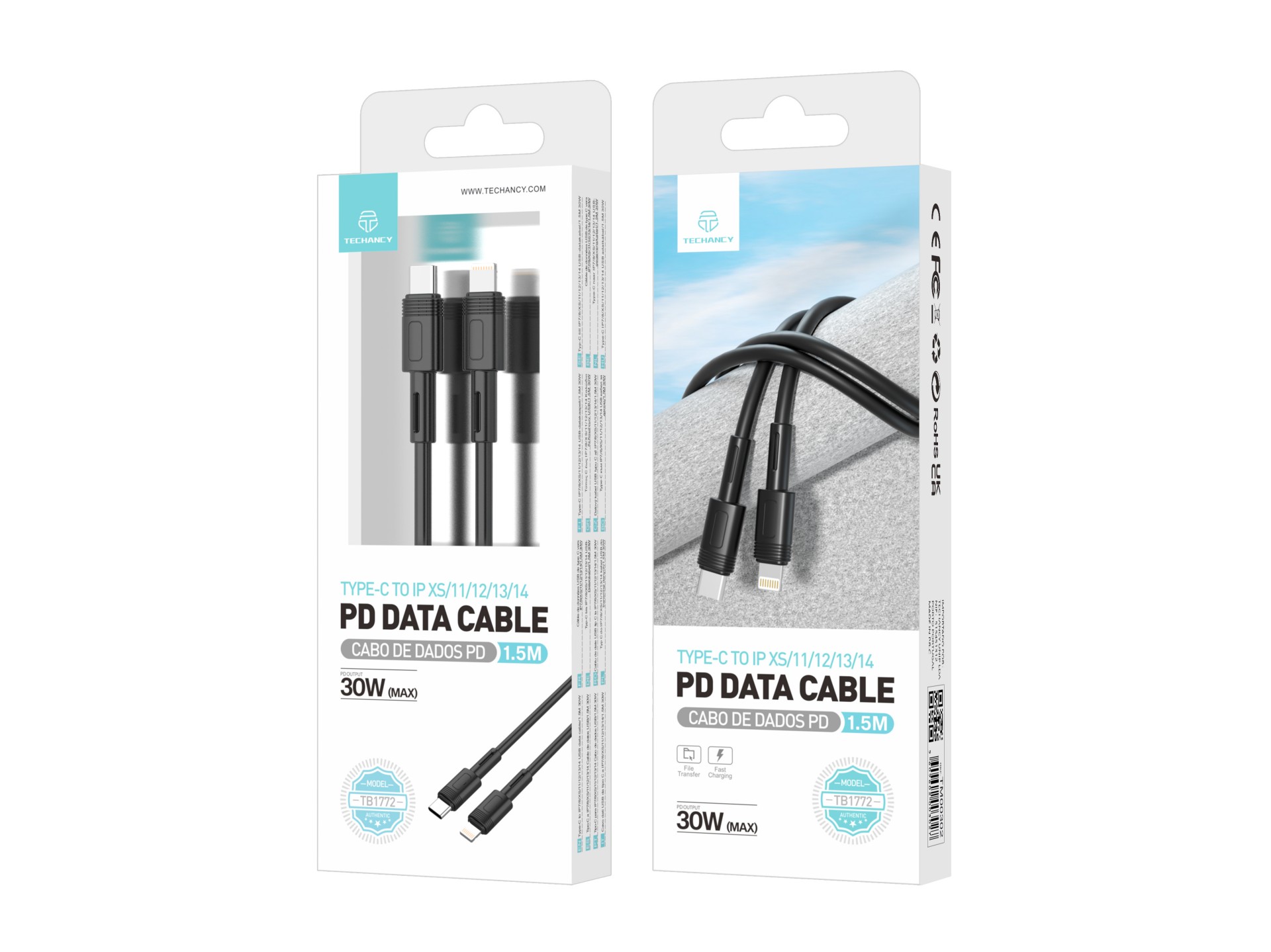 Techancy Fast Charging PD Cable Black 1.5 M TB1772, USB C to Lightning Port 30 W Fast Charging