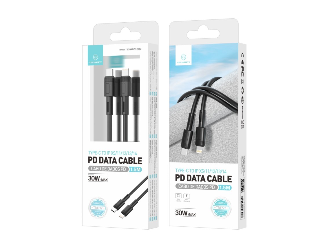 Techancy Fast Charging PD Cable Black 1.5 M TB1772, USB C to Lightning Port 30 W Fast Charging