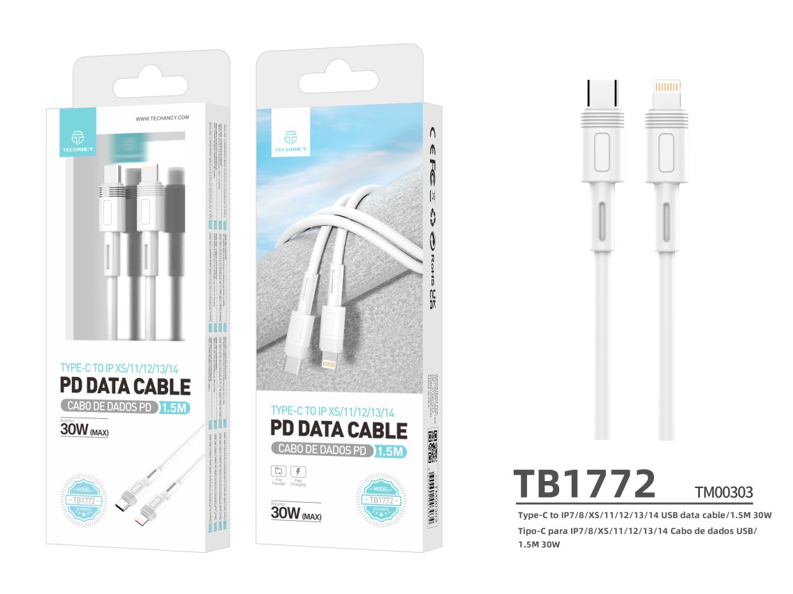 Techancy Cabo de Dados PD Type-C para Lightning TB1772, 30W, Compatível com iPhone 14/13/12/11, 1.5m