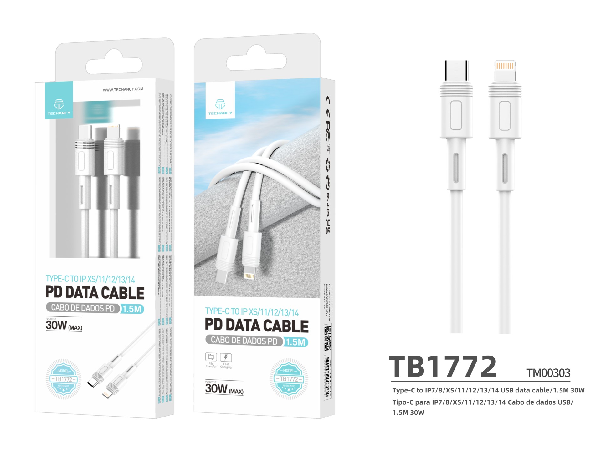 Techancy Cabo de Dados PD Type-C para Lightning TB1772, 30W, Compatível com iPhone 14/13/12/11, 1.5m