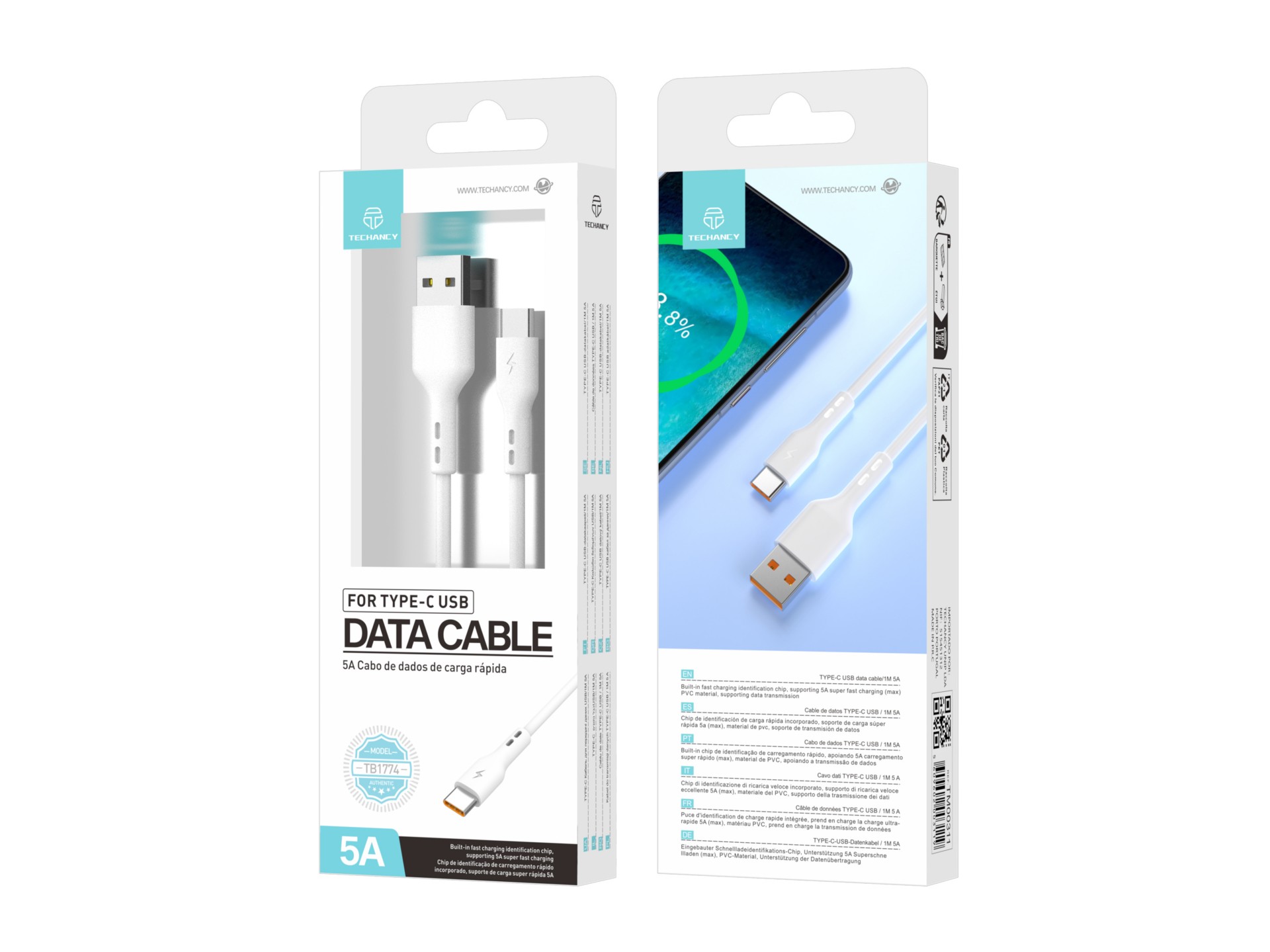 Techancy Fast Charge USB-Type-C Data Cable TB1774, 1m, 5A Super Fast Charge, Data Transfer, White