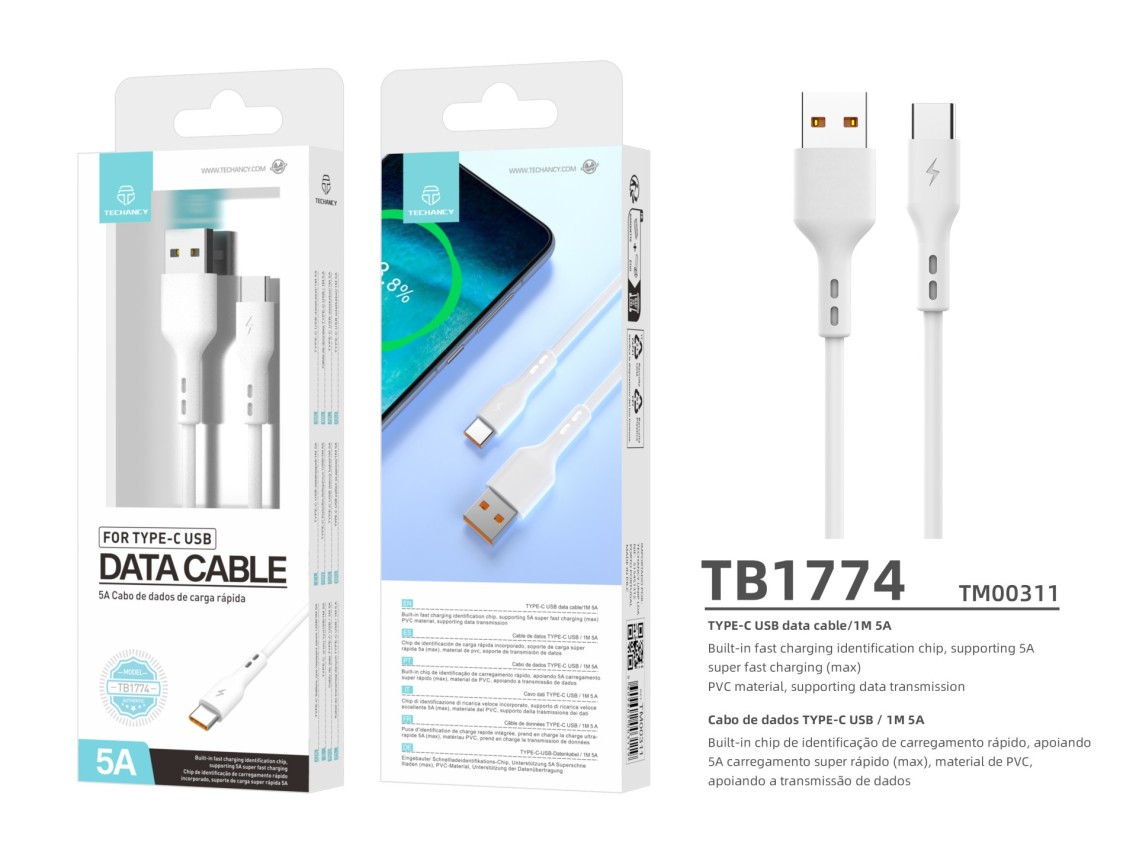 Techancy Fast Charge USB-Type-C Data Cable TB1774, 1m, 5A Super Fast Charge, Data Transfer, White