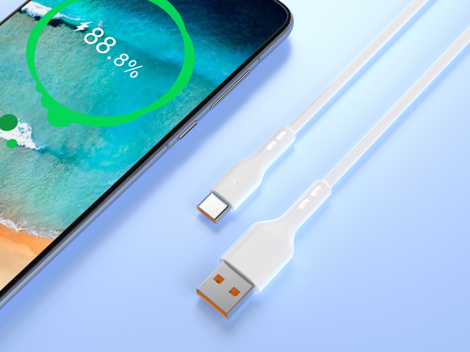 Techancy Fast Charge USB-Type-C Data Cable TB1774, 1m, 5A Super Fast Charge, Data Transfer, White