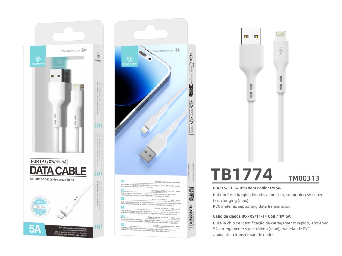 Techancy Fast Charge USB-Lightning Data Cable TB1774, 1m, 5A Super Fast Charge, Data Transfer, White