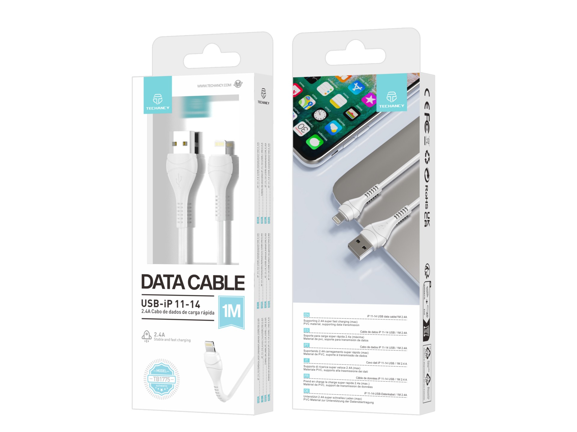 Techancy Cabo Usb-Lightning Branco 1m TB1775,Carregamento Rápido 2.4a, Suporta Transmissão De Dados