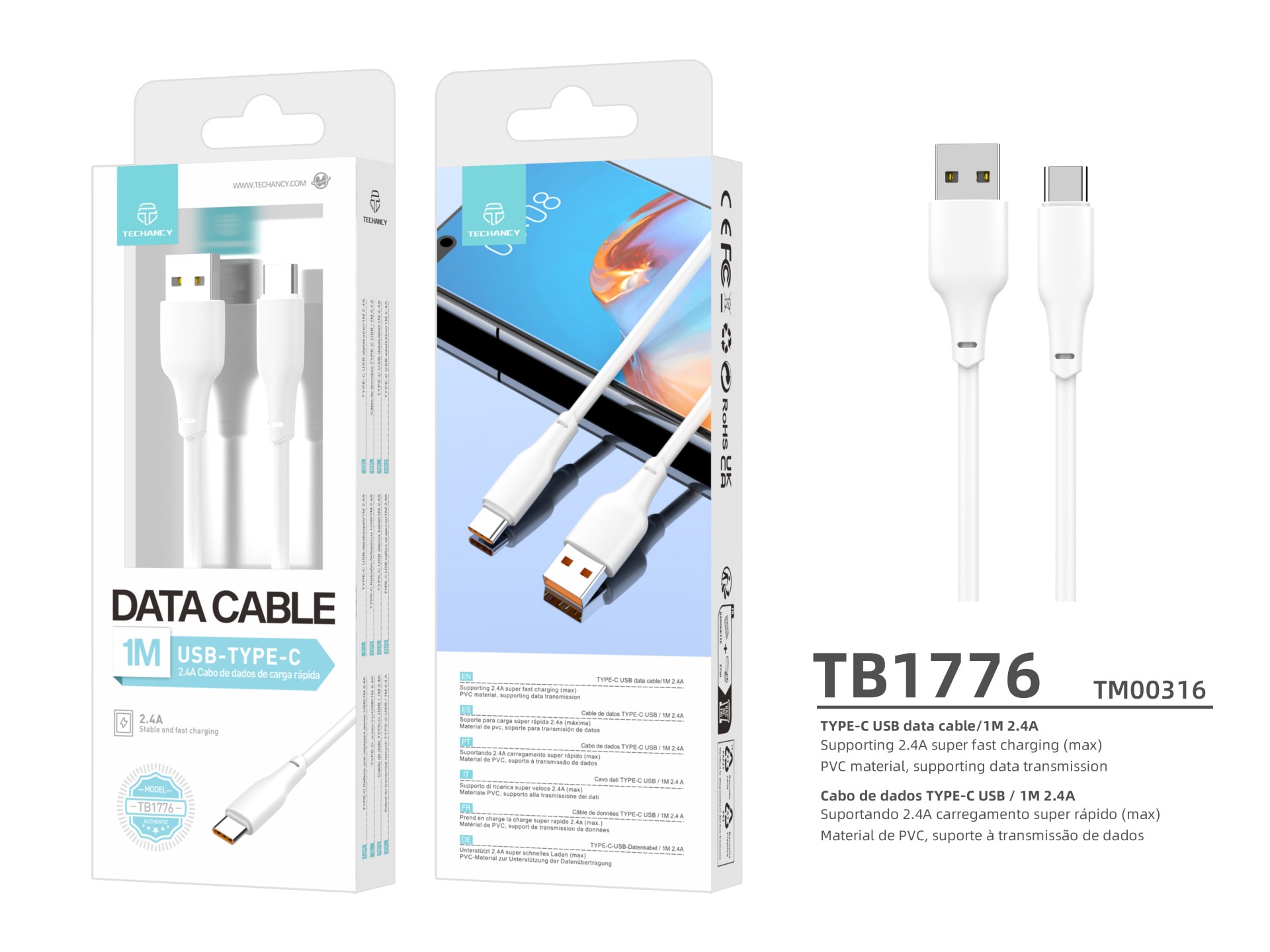 Techancy USB-Type-C Data Cable White 1M TB1776, 2.4A Fast Charging, Supports Data Transmission, PVC