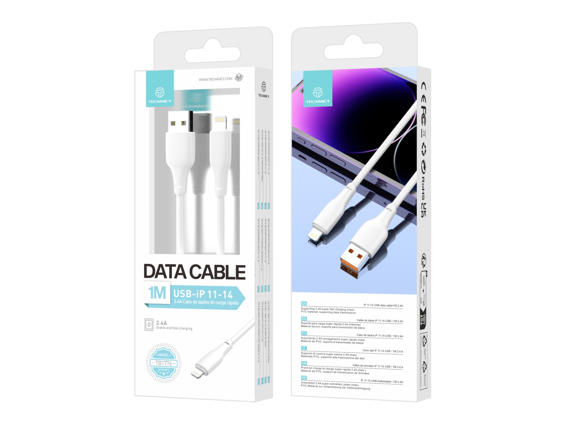 Techancy USB-Lightning Cable White 1m TB1776, Fast Charging 2.4a, Supports Data Transmission, PVC Ma